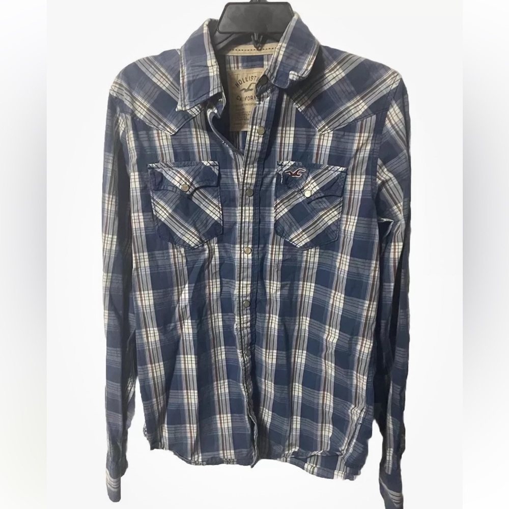 Hollister Men’s Western Shirt S Blue & White Plaid Fitted Snap Buttons